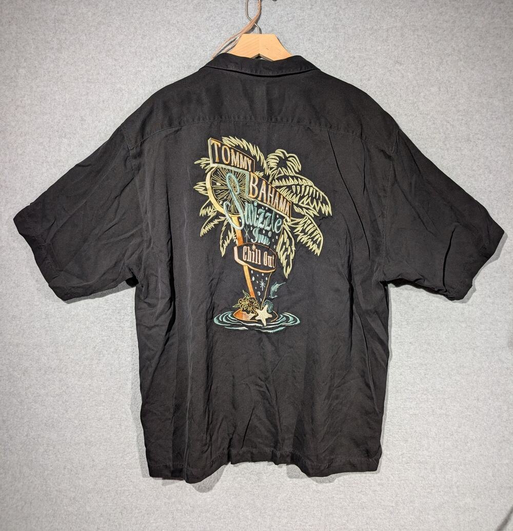 Tommy Bahama "Swizzle Inn Chill Out" Large Black Embroidered Camp Hawaiian Shirt